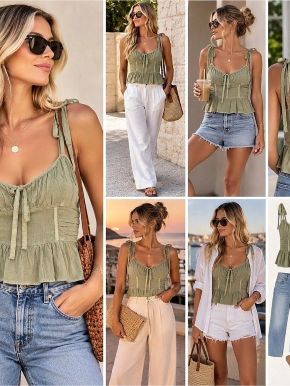 American Eagle Sage Green Tie Strap Peplum Cami Top S Boho